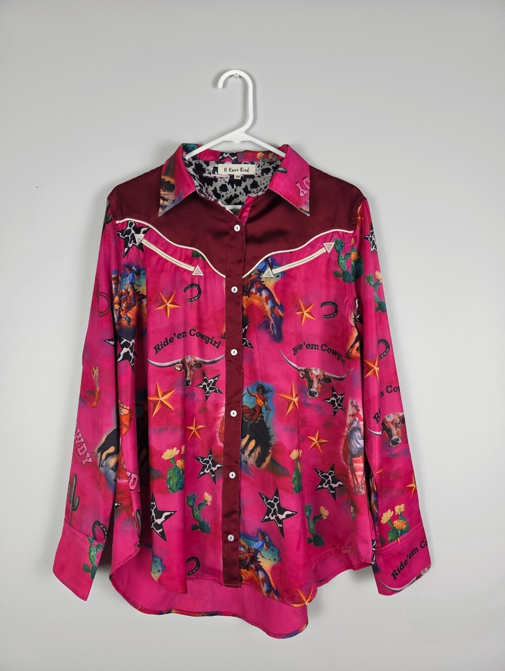A Rare Bird Ride Em Cowgirl Satin Western Hot Pink Blouse